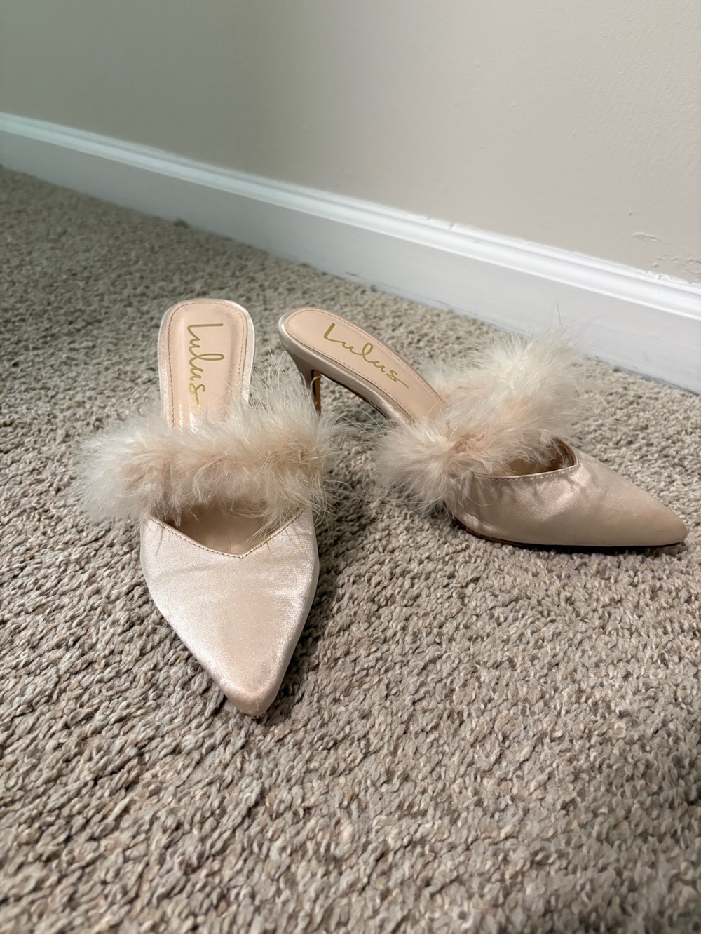 Lulu's Cream Satin Feather Mules